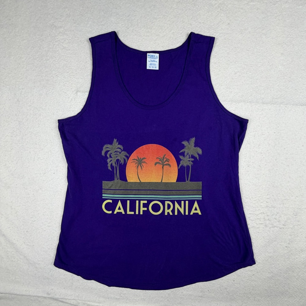 Port & Company California Sunset Palm Tree Tank Top Purple XL Ladies Cotton